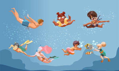 Young Man and Woman Character in Swimsuit and Goggles Snorkeling Underwater Vector Illustration