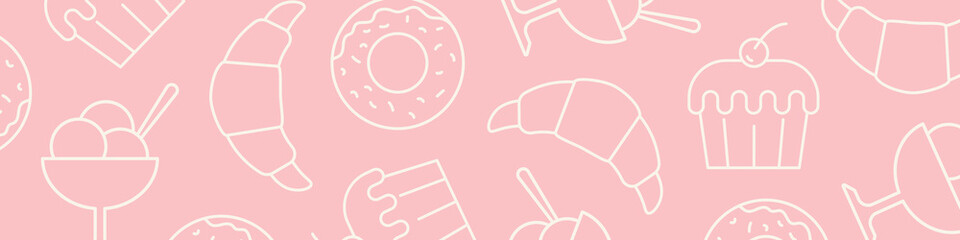 banner with sweet's pattern, cup of ice cream, croissant, muffin and donat icon - vector illustration