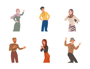 Young Man and Woman Posing for Selfie Smiling for the Camera and Showing Gesture Vector Set