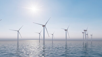 4K ULTRA HD. Offshore wind turbines farm on the ocean. Sustainable energy production, clean power. 3D Rendering.