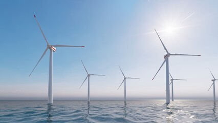 4K ULTRA HD. Offshore wind turbines farm on the ocean. Sustainable energy production, clean power. 3D Rendering.