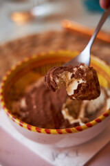 Traditional Italian dessert tiramisu in a dessert dish. Food concept