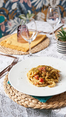 Elegant and Delicious italian pasta dishes served on a white plate in a restaurant. Food concept