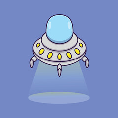 Cartoon vector icon of a flying ufo shining a light. Fantasy Concept. Simple premium design