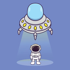 Cute cartoon Ufo is shining astronaut on light. Fantasy Concept. Simple premium design