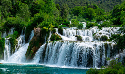 Detailed view of terraced waterfall at Krka National Park Croatia