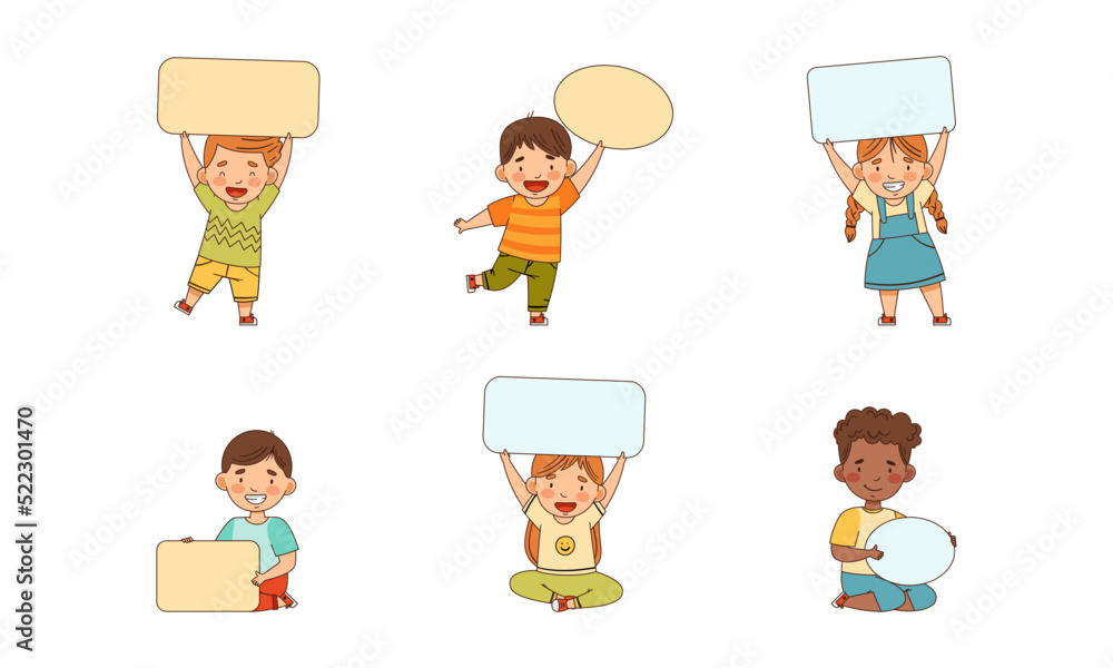 Poster smiling kids holding empty oval and rectangular plaque vector set
