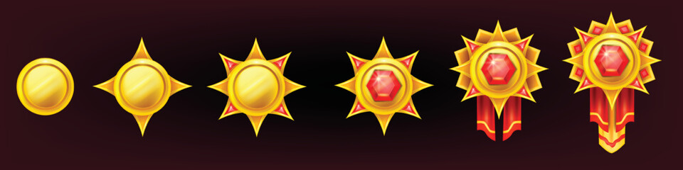 Game badge medal set, red ribbon, winner gift star, UI level up frame icon, golden ranking award. Coni achievement asset kit, victory trophy emblem, casino bonus symbol. Quality game badge collection