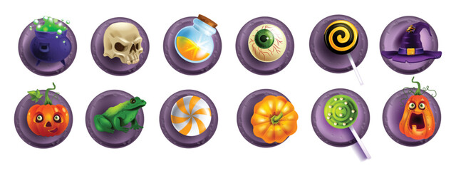 Halloween sticker object set, vector UI magic creepy icon, holiday game badge, witch cauldron, hat. Evil spooky gift, cartoon scary pumpkin, lollypop sweets, witchcraft kit. Halloween sticker assets