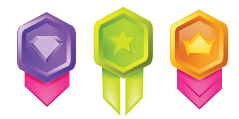 Game badge 3D icon set, level up medal award certificate, victory award UI shield, rating button. Experience achievement prize, trophy reward bonus emblem, vector gift label. Game badge collection - obrazy, fototapety, plakaty