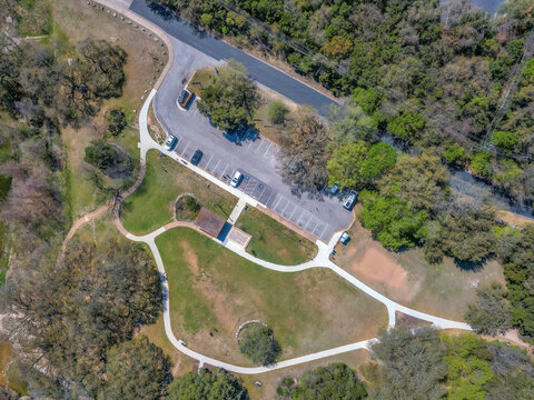 Aerial view of a parking space in a nature park at Austin, Texas