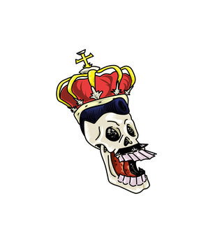 A singing Skull with an overbite, moustache, and a crown referenced from a great Rock music personality on a white background.