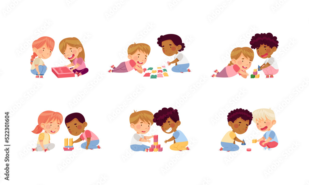 Poster children playing toy blocks and jigsaw puzzle sitting on the floor in nursery vector set