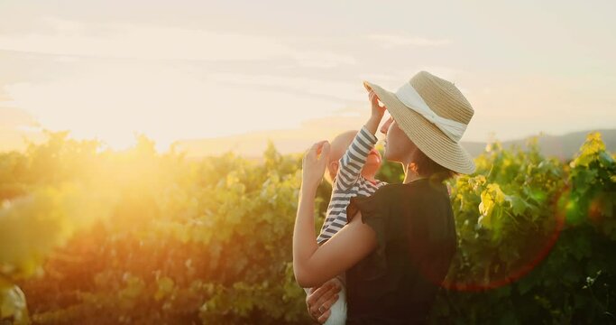 Happy Mother enjoying time with her cute little baby boy in French Provence vineyard during summer sunset. Silhouette of Beautiful family enjoying time together. Happy childhood and motherhood. 