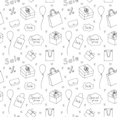 Sale and shopping pattern vector illustration, hand drawing doodles