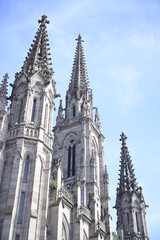 Fototapeta na wymiar Les piques et la tour du Temple Saint-Étienne à Mulhouse.