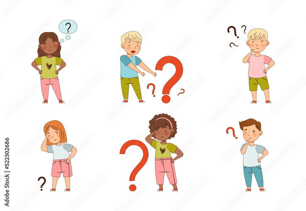 Poster puzzled little kids with question scratching their heads wondering vector set