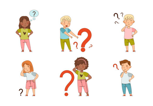 Puzzled Little Kids with Question Scratching Their Heads Wondering Vector Set