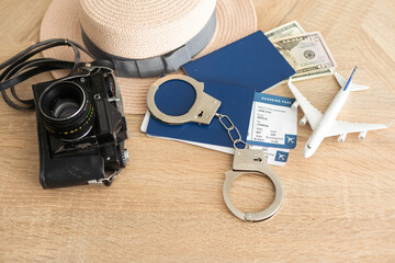 passport, tickets, toy plane, handcuffs