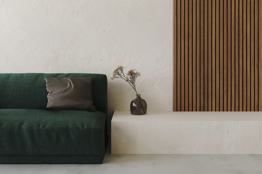 Fototapeta Minimalist living room closeup, green sofa. Interior with decor embossed wall,decorative wall with embossed panels, decoration. 3d render
