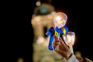 Candle for peace in the Ukraine during the Procession of Candles at the Sanctuary of Our Lady of Fatima, in Portugal