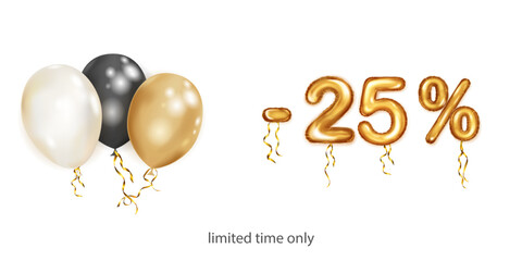 Discount creative illustration with white, black and gold helium flying balloons and golden foil numbers. 25 percent off. Sale poster with special offer on white background
