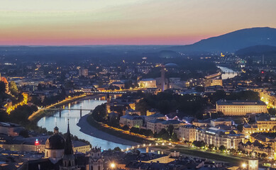 Fototapeta na wymiar Aerial view of Salzburg at night