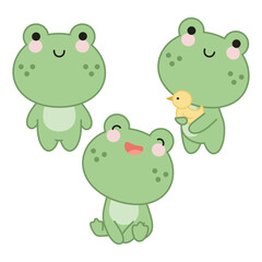 Set of three cute frogs in kawaii style. One is standing, the second is sitting, the third is holding a duck. 