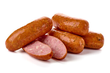 Smoked bratwurst sausages, isolated on white background.
