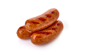 Pork bratwurst sausages, isolated on white background.