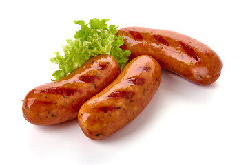 Grilled pork bangers, cooked sausages bbq, isolated on white background.