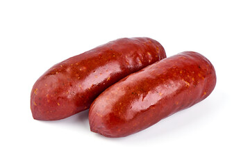 Smoked traditional german sausages, isolated on white background.