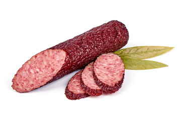 Hot smoked salami sausage, isolated on white background.