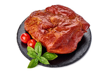 Roasted pork meat, smoked spicy glazed meat, isolated on white background.