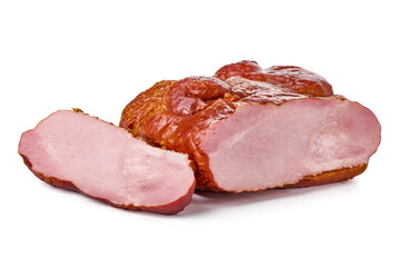 Roasted pork meat, smoked spicy glazed meat, isolated on white background.