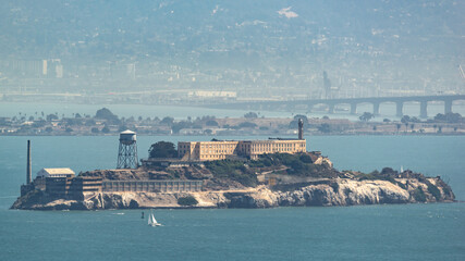 Alcatraz Island seen from mountain top of Sausalito
