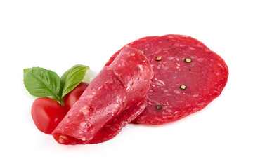 Spanish salchichon sausage, isolated on white background.