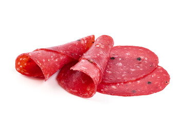 Spanish salchichon sausage, isolated on white background.