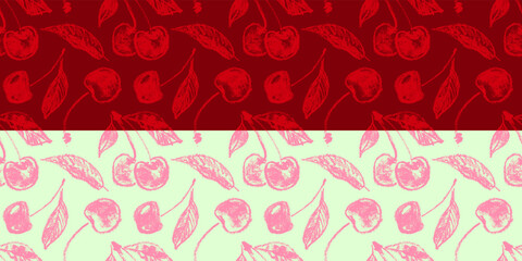 Color Cherry seamless pattern, Black Cheries vector illustration, hand drawn berry for vegan banner, juice, jam label design. Ripe berries background for baby food packaging. Cherry backdrop.