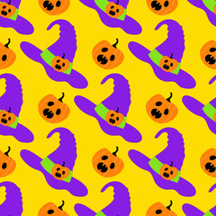 Halloween seamless pattern with scary cute pumpkins in witch hats on yellow background. Cartoon style horror vector illustration.
