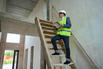 Male foreman climbs wooden ladder in unfinished house