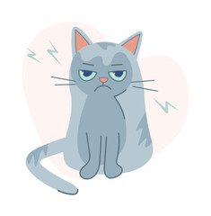 Disgruntled and frustrated cat. Cute and funny upset gray kitten. Can be used for printing on t-shirts, postcards, posters. Vector cartoon flat isolated illustration