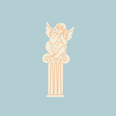 Marble Statue. Sculpture with wings. Antique statue of angel, cupid, cherub. Hand drawn modern Vector illustration. Cartoon style. Isolated on blue