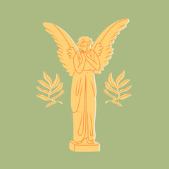 Marble golden Statue. Sculpture with wings. Antique statue of angel. Hand drawn modern Vector illustration. Cartoon style. Isolated on green background