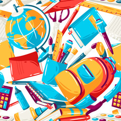 School seamless pattern with education items. Illustration of supplies and stationery background.