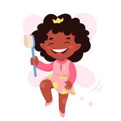 Happy tooth fairy vector illustration. Cartoon isolated little girl elf with crown on head, star ornament on skirt and pink wings holding toothbrush to brush healthy childrens teeth, oral hygiene