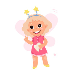 Happy tooth fairy holding lost molar from mouth of baby vector illustration. Cartoon isolated princess with pink wings, tiara and dress flying to little children to help with dental care and hygiene