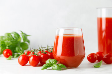 Tomato juice in a glass and fresh tomatoes