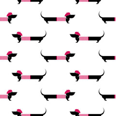 Dachshund artist dog with pink beret and sweater seamless pattern. Provence vector ornament on white background. Animal fabric or card print. Doggy french vintage wallpaper