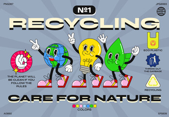 Cartoon characters on the theme of recycling: planet earth, light bulb, leaf. poster with eco-friendly stickers. funny colorful characters in doodle style. Set of comic elements in trendy retro carto 